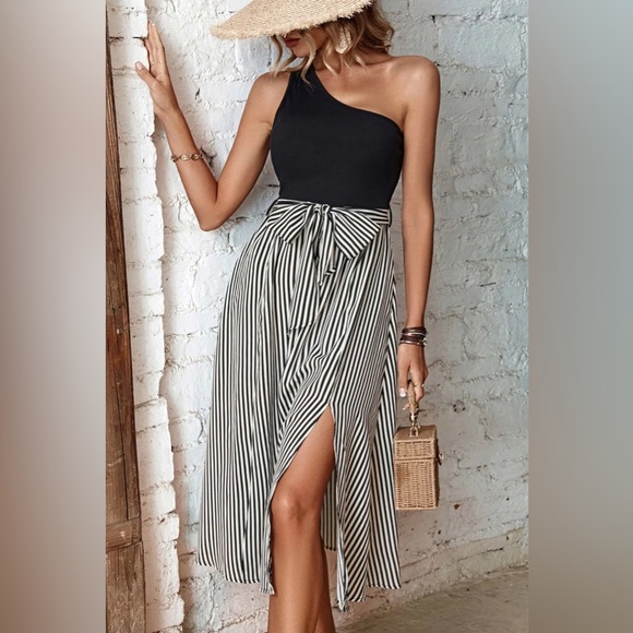 Striped One-Shoulder Slit Dress XL - Picture 4 of 5
